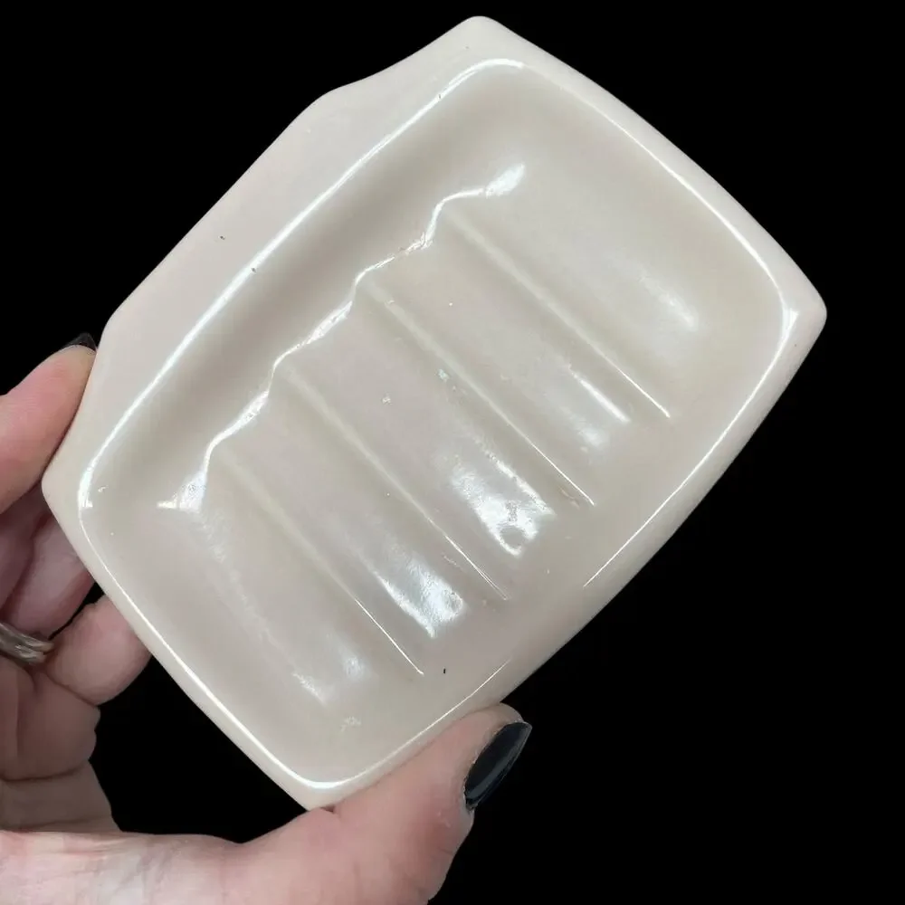 Vintage Porcelain Soap Dish Holder Bathroom Wall Mount Fixture Taupe MCM READ